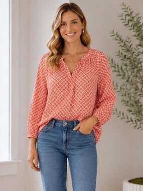 Boden Orange White 100% Cotton Blouse Size 6 Geometric Pattern